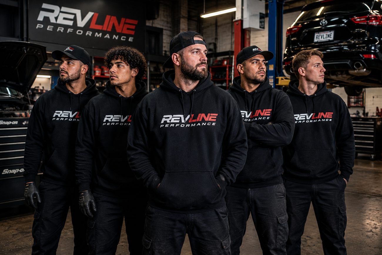 Automotive shop team in branded apparel from SUQ MEDIA